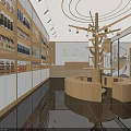 Modern Shopping Mall Store Interior With Wooden Shelves Central Circular Structure And Mirrored Floor