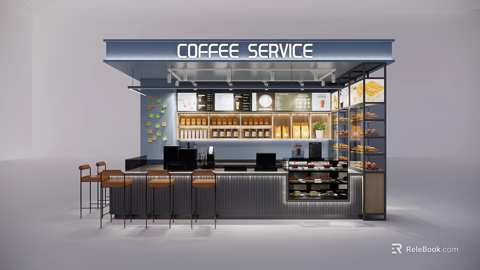 Modern Milk Tea Shop Kiosk With Counter Bar Stools Display Cabinet And Menu Board 3d model 