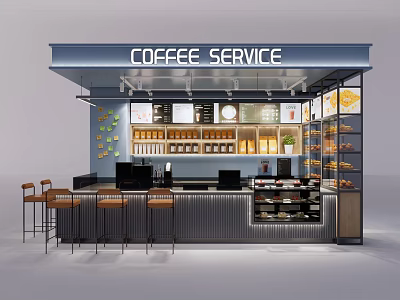 Modern Milk Tea Shop Kiosk With Counter Bar Stools Display Cabinet And Menu Board 3d model