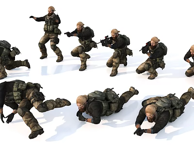 Military Men in Tactical Uniforms with Backpacks and Guns Displaying Various Action Poses 3d model