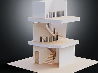 Spiral and Straight Staircases With Wooden Railings In Multi Level White Building Model 3d model