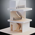 Spiral and Straight Staircases With Wooden Railings In Multi Level White Building Model