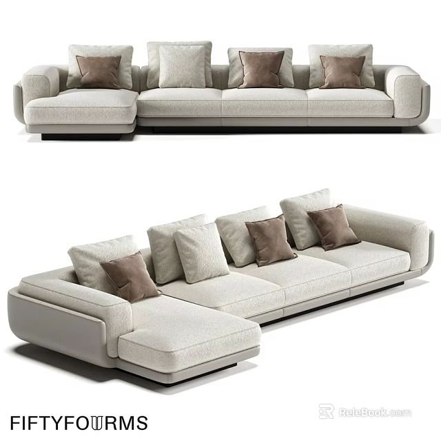 Modern Minimalist L Shaped Double Sofa With Light Beige Upholstery And Brown Beige Cushions 3d model 