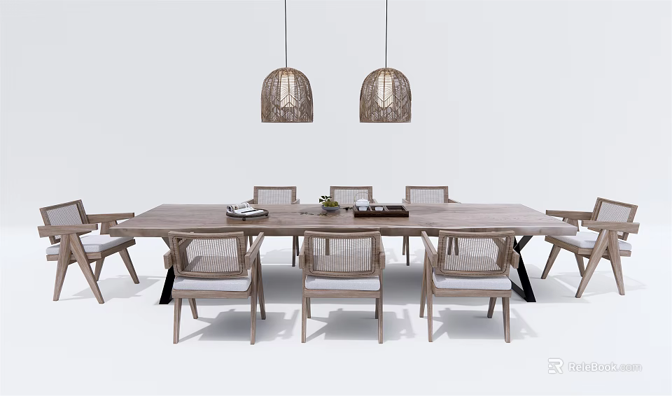 Modern Wooden Dining Table Set With Rattan Chairs And Hanging Pendant Lights 3d model 