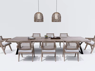 Modern Wooden Dining Table Set With Rattan Chairs And Hanging Pendant Lights 3d model