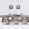 Modern Wooden Dining Table Set With Rattan Chairs And Hanging Pendant Lights