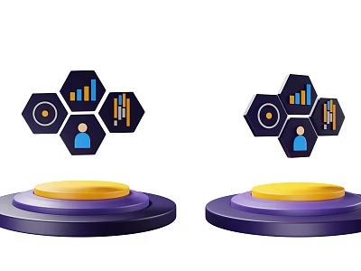 Smart Machine With Hexagonal Structures Featuring Chart Person Icons On Purple Yellow Platforms 3d model