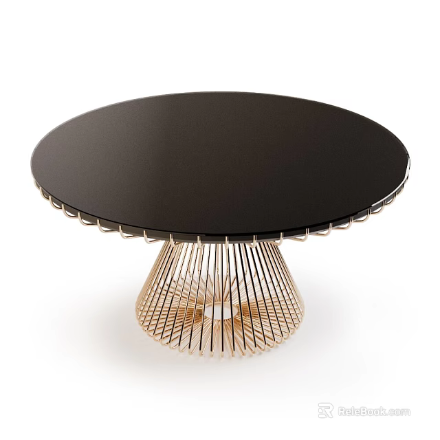 Elegant Modern Round Black Dining Table With Gold Geometric Wireframe Base 3d model