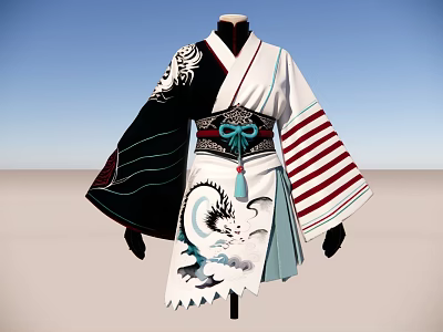 Traditional White Kimono With Black Sleeves Red Stripes Blue Sash And Dragon Design 3d model