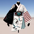 Traditional White Kimono With Black Sleeves Red Stripes Blue Sash And Dragon Design