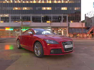 Red Audi Sports Car Parked On Urban Street With Tall Buildings And Evening Lights 3d model