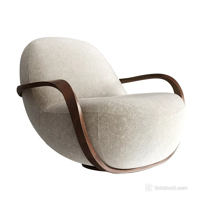 Beige Fabric Single Sofa With Wooden Curved Arms Modern Living Room Design 3d model 
