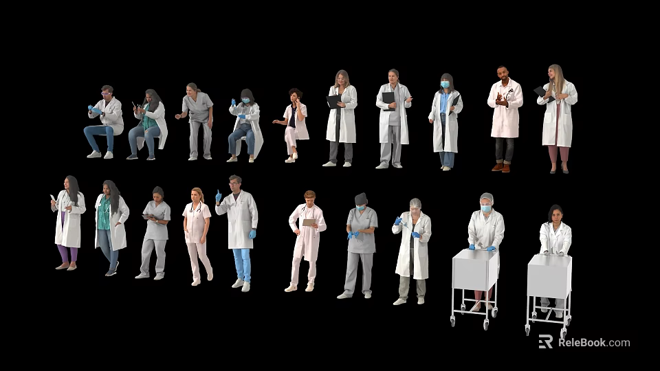 Multiple Healthcare Workers in Various Medical Uniforms with Different Poses and Equipment Carts 3d model 
