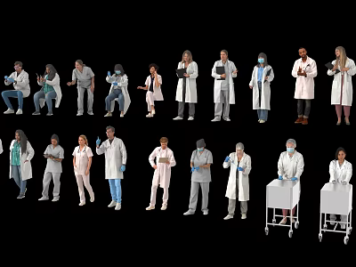 Multiple Healthcare Workers in Various Medical Uniforms with Different Poses and Equipment Carts 3d model