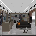 Modern Men's Clothing Store Interior With Suits Shirts Mannequins Sofa And Coffee Table