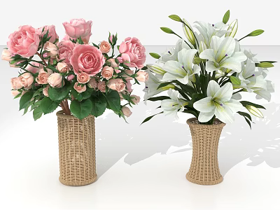 Two Woven Vases Holding Pink Roses and White Lilies with Green Leaves 3d model