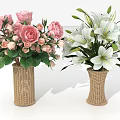 Two Woven Vases Holding Pink Roses and White Lilies with Green Leaves