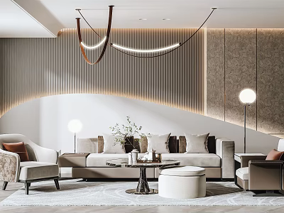 Modern Living Room Interior With Cozy Sofa Armchairs Round Coffee Table And Pendant Lights 3d model