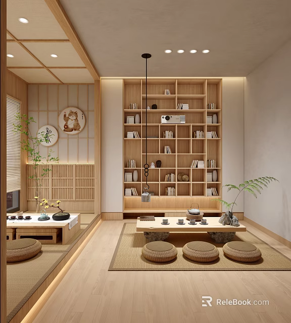 Traditional Japanese Tea Room Interior With Wooden Shelves Tatami Seats Tea Sets And Green Plants 3d model 