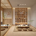 Traditional Japanese Tea Room Interior With Wooden Shelves Tatami Seats Tea Sets And Green Plants