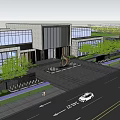 Modern Sales Office Building Featuring Glass Curtain Walls Gray Stone Green Plants And Lawn Entrance