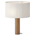 Modern Minimalist Table Lamp With White Vertical Striped Lampshade And Wooden Base