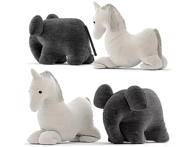 Adorable Soft Plush Elephant And Horse Stuffed Toys In Gray White 3d model