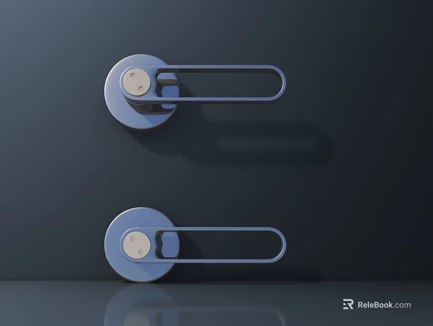 Modern Silver Door Handles Mounted on Dark Door with Circular Base and Elongated Bar 3d model 