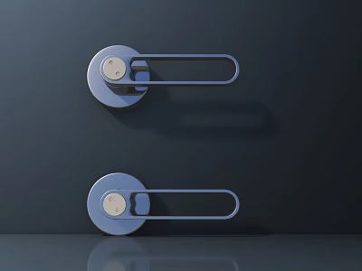 Modern Silver Door Handles Mounted on Dark Door with Circular Base and Elongated Bar 3d model