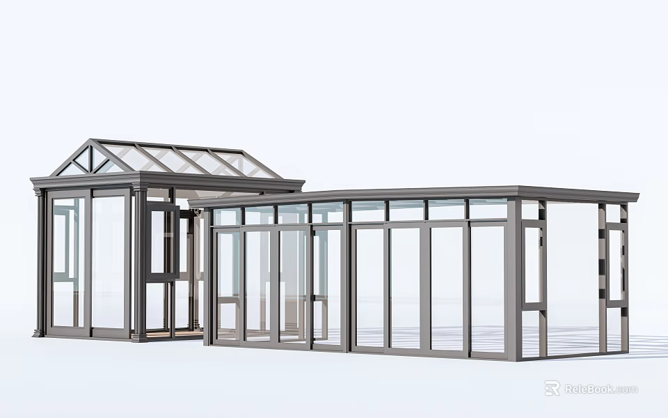 Modern Sunroom Structure With Glass Walls Roof And Aluminum Frame Design 3d model 