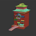Cartoon Scene of Vibrant Red Building With Green Roof Balconies and Small Bridge