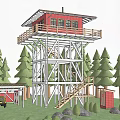 Rustic Wooden Tower Lodge Building Surrounded by Green Trees and Pathway Under Blue Sky