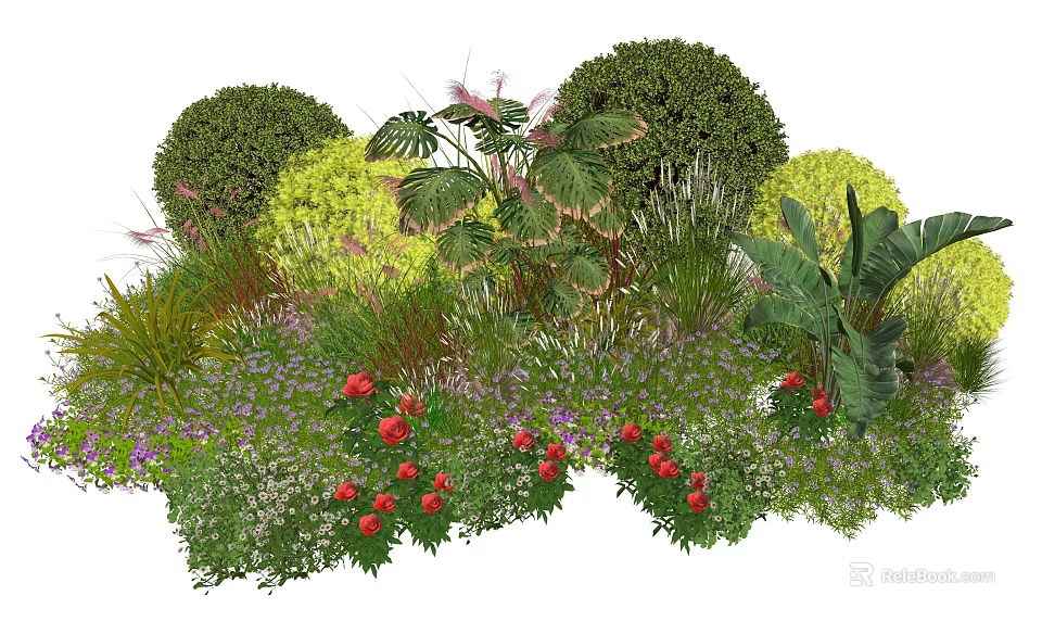 Mixed Plant Combination with Round Shrubs Large Leaf Plants Red Flowers and Purple Small Flowers 3d model 