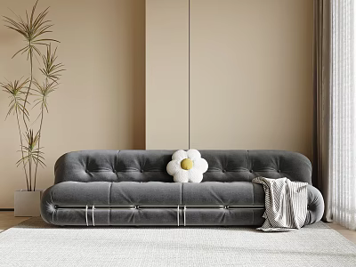 Gray Velvet Sectional Sofa With Flower Pillow And Blanket Near Plant In Neutral Room 3d model