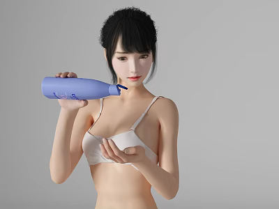 A Woman in White Bra Pouring Liquid from Blue Bottle into Palm on Gray Background 3d model