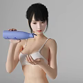 A Woman in White Bra Pouring Liquid from Blue Bottle into Palm on Gray Background