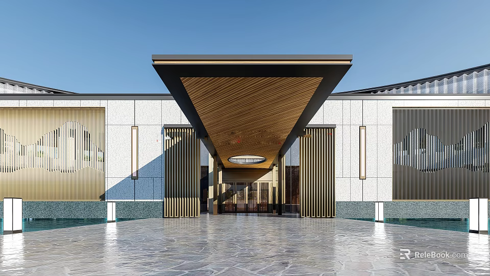 Modern Building Entrance With Wooden Canopy Stone Floor Water Pool And Glass Facade 3d model 