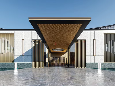Modern Building Entrance With Wooden Canopy Stone Floor Water Pool And Glass Facade 3d model