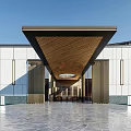 Modern Building Entrance With Wooden Canopy Stone Floor Water Pool And Glass Facade