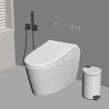 Modern White Toilet With Control Panel On Wall Trash Bin And Wooden Floor