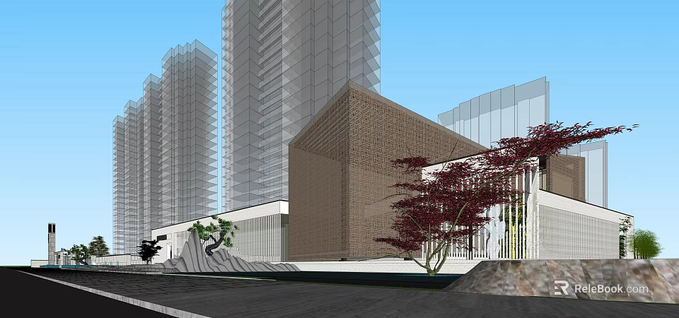 Modern Sales Office Building Exterior With Glass Curtain Walls Stone Elements And Tall Buildings 3d model 