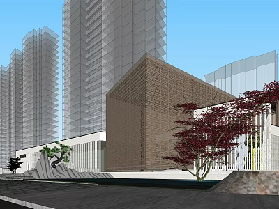Modern Sales Office Building Exterior With Glass Curtain Walls Stone Elements And Tall Buildings 3d model