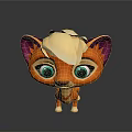 Cute 3D rendered cartoon fox character with orange body purple ears and big green eyes