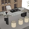 Modern Tea Table and Stools with Marble Tabletop Tea Set Vase on Rug and Cabinets 3d model