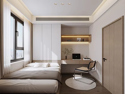 Cozy Tatami Bedroom Interior Design With Bed Desk Chair Window And Storage Cabinet 3d model
