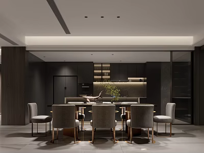 Elegant Modern Restaurant Interior Design With Dining Table Chairs Neutral Tones Ceiling Lighting And Decorative Plant 3d model