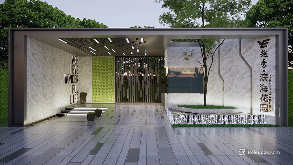 Modern Entrance Gate Design With Green Wall Wooden Slats And Stone Flooring 3d model 