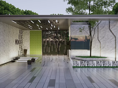 Modern Entrance Gate Design With Green Wall Wooden Slats And Stone Flooring 3d model