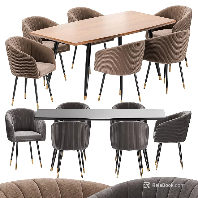 Modern Dining Table Set With Wooden Black Tabletop And Grey Chairs Golden Legs 3d model 