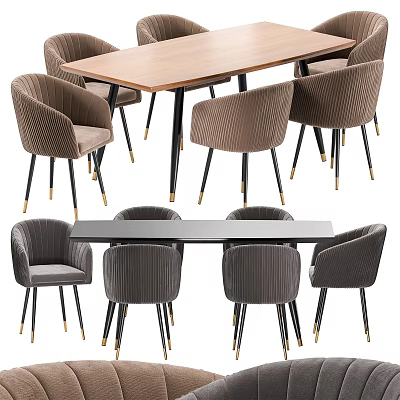 Modern Dining Table Set With Wooden Black Tabletop And Grey Chairs Golden Legs 3d model